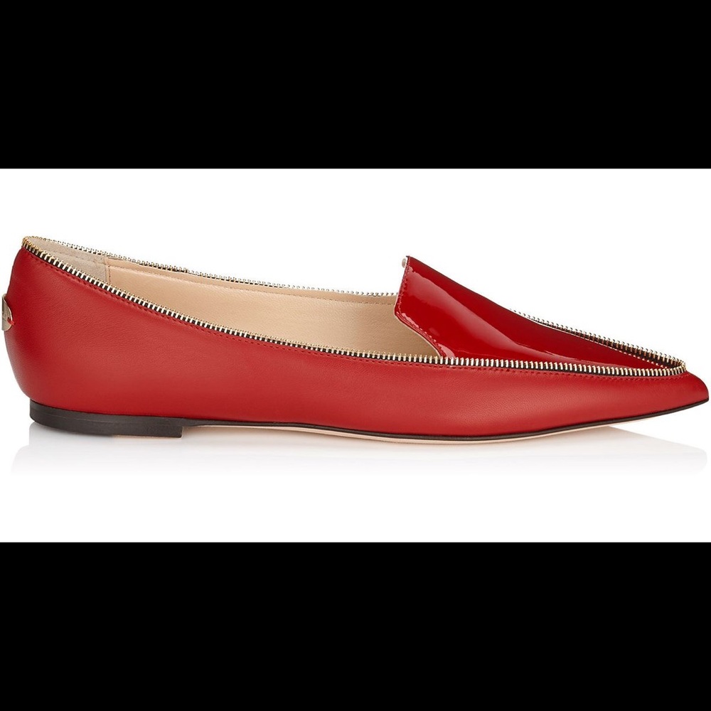 Jimmy Choo Red Patent Guild Leather Zipper Flats
